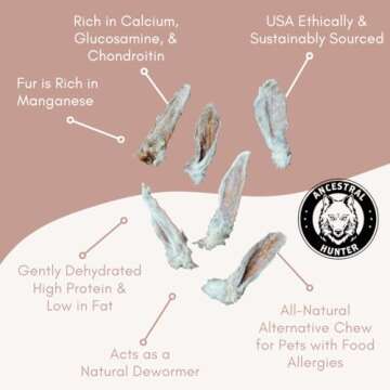 Ancestral Hunter Dehydrated Rabbit Ears for Dogs & Cats - Rabbit Ear Dog Treats - Whole Rabbit Ears with Fur for Dogs - Rawhide Alternative - Pack of 6 Furry Rabbit Ears for Dogs