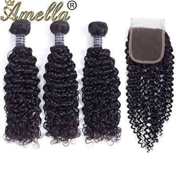 Amella Hair Brazilian Curly Virgin Human Hair Weave 3 Bundles with Closure (14" 16" 18"+12"4x4 Closu...