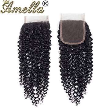 Amella Hair Brazilian Curly Virgin Human Hair Weave 3 Bundles with Closure (14" 16" 18"+12"4x4 Closure) 8A 100% Unprocessed Brazilian Human Hair With Swiss Lace Closure