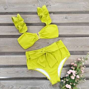 SPORLIKE Women High Waisted Swimsuit Ruffle Adjustable Straps Bikini Tie Back Bathing Suit(Bottle Green,X-Large)