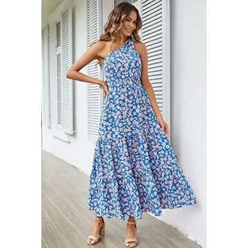 PRETTYGARDEN Women's Summer Floral Maxi Dress Knot One Shoulder Sleeveless Ruffle Flowy Boho Beach Wedding Guest Dresses (Blue Floral,Medium)