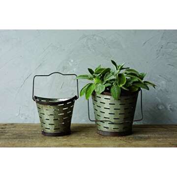 Charming Distressed Metal Olive Buckets with Handles Set