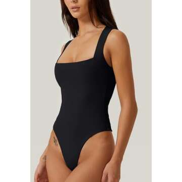 QINSEN Bodysuits for Women Tummy Control Stretchy One Piece Tank Jumpsuit Black M