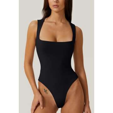 QINSEN Bodysuits for Women Tummy Control Stretchy One Piece Tank Jumpsuit Black M