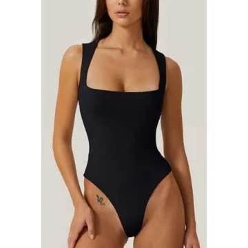 QINSEN Bodysuits for Women Tummy Control Stretchy One Piece Tank Jumpsuit Black M