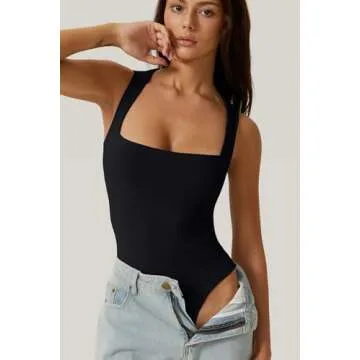 QINSEN Bodysuits for Women Tummy Control Stretchy One Piece Tank Jumpsuit Black M