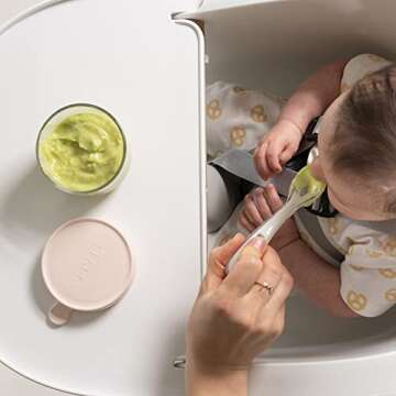 BEABA Toddler’s Self Feeding Silicone Spoons, Toddler Spoons, Toddler Utensils, Baby Essentials, Baby Must Haves, 4 Pack Baby Spoon Gift Set, (Drizzle)