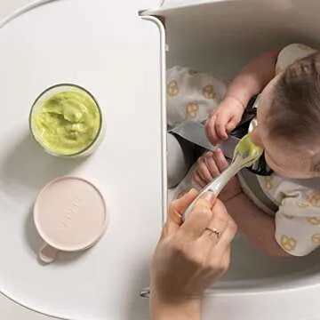 BEABA Toddler’s Self Feeding Silicone Spoons, Toddler Spoons, Toddler Utensils, Baby Essentials, Baby Must Haves, 4 Pack Baby Spoon Gift Set, (Drizzle)