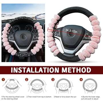 XCBYT Cute Steering Wheel Cover - Pink Car Fuzzy Steering Wheel Cover Bling Comfortable Non-Slip Lux...