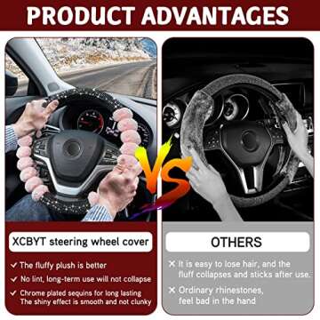XCBYT Cute Steering Wheel Cover - Pink Car Fuzzy Steering Wheel Cover Bling Comfortable Non-Slip Luxurious Faux Wool Glam for Women Universal Fit 14.5-15 Inches