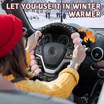 XCBYT Cute Steering Wheel Cover - Pink Car Fuzzy Steering Wheel Cover Bling Comfortable Non-Slip Luxurious Faux Wool Glam for Women Universal Fit 14.5-15 Inches