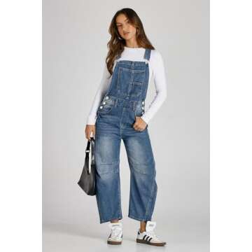 PLNOTME Womens Denim Bib Overalls Barrel Leg Adjustable Strap Jean Pants Jumpsuits with Pockets