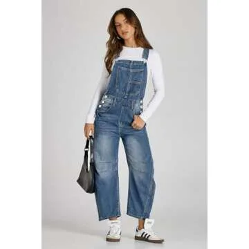 PLNOTME Womens Denim Bib Overalls Barrel Leg Adjustable Strap Jean Pants Jumpsuits with Pockets