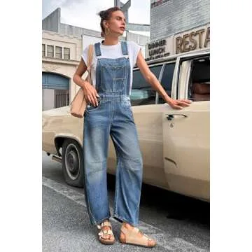 PLNOTME Womens Denim Bib Overalls Barrel Leg Adjustable Strap Jean Pants Jumpsuits with Pockets