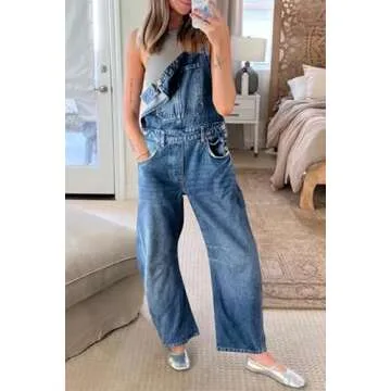 PLNOTME Womens Denim Bib Overalls Barrel Leg Adjustable Strap Jean Pants Jumpsuits with Pockets