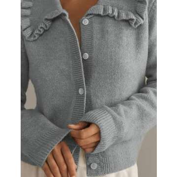Ziqoty Womens Ruffle Cropped Sweater Open Front Outerwear Elegant Long Sleeve Knitted Cardigan Button Jacket Fall Tops(Lightgrey-S)