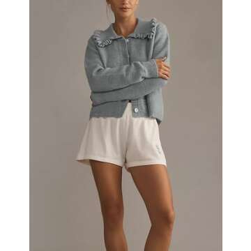 Ziqoty Womens Ruffle Cropped Sweater Open Front Outerwear Elegant Long Sleeve Knitted Cardigan Button Jacket Fall Tops(Lightgrey-S)