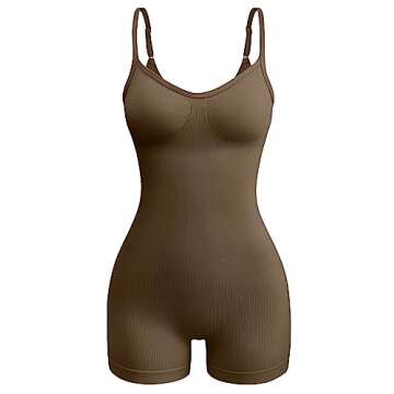 OQQ Women's Yoga Ribbed One Piece Spaghetti Strap Sleeveless Top Romper, Coffee, Large