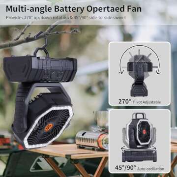 𝟐𝟎𝟎𝟎𝟎𝐦𝐀𝐡 Battery Operated Fan Portable Fan,𝟏𝟑𝐈𝐧 Rechargeable Camping Fan with Light,Workup 𝟔𝟎𝐇 & 𝟖𝐇 Timer & Remote,Auto Oscillation Battery Powered Fan for Camping - Hanging Hook