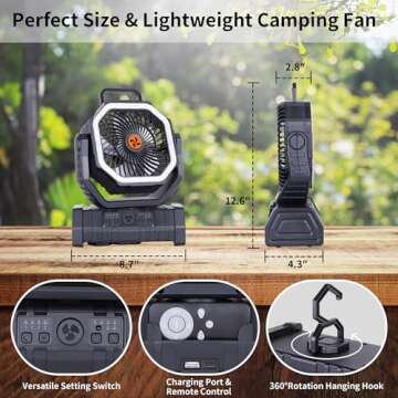 𝟐𝟎𝟎𝟎𝟎𝐦𝐀𝐡 Battery Operated Fan Portable Fan,𝟏𝟑𝐈𝐧 Rechargeable Camping Fan with Light,Workup 𝟔𝟎𝐇 & 𝟖𝐇 Timer & Remote,Auto Oscillation Battery Powered Fan for Camping - Hanging Hook