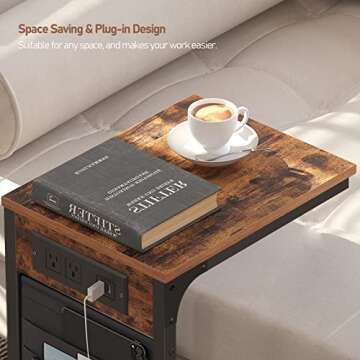 TUTOTAK C Shaped End Table with Charging Station for Sofa