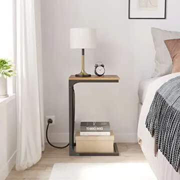 TUTOTAK C Shaped End Table with Charging Station for Sofa