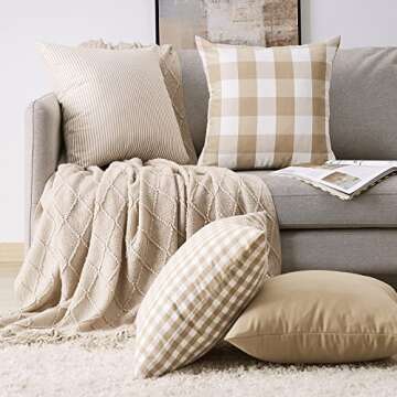 Topfinel Farmhouse Neutral Throw Pillow Covers 18x18inch Set of 4 Buffalo Check Plaid Cushion Case Canvas Camel Pillow Covers Decorative Tan Striped Rustic Pillowcases for Couch Bed Sofa, Khaki