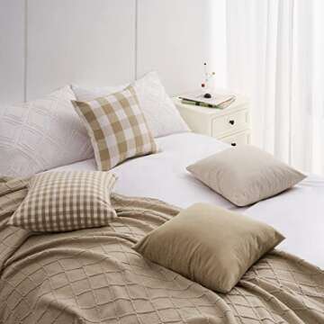 Topfinel Farmhouse Neutral Throw Pillow Covers 18x18inch Set of 4 Buffalo Check Plaid Cushion Case Canvas Camel Pillow Covers Decorative Tan Striped Rustic Pillowcases for Couch Bed Sofa, Khaki