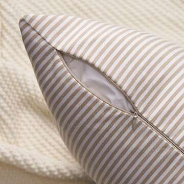 Topfinel Farmhouse Neutral Throw Pillow Covers 18x18inch Set of 4 Buffalo Check Plaid Cushion Case Canvas Camel Pillow Covers Decorative Tan Striped Rustic Pillowcases for Couch Bed Sofa, Khaki