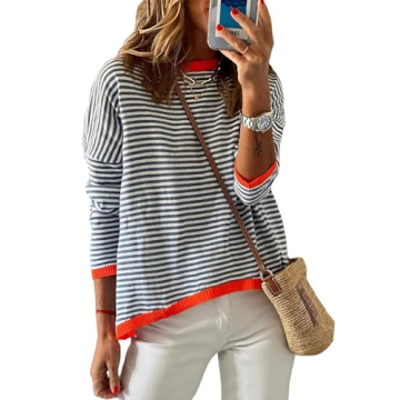 Arssm Women Striped Sweater - Lightweight Knit Color Block Crew Neck