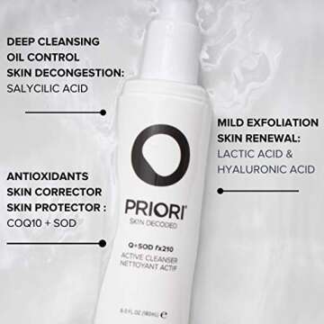 PRIORI Skincare Active Facial Cleanser with CoQ10 for Deep Cleansing Pore Refining Hydrating Antioxidant Face Wash with Lactic and Salicylic Acid Fragrance Free 6 fl oz