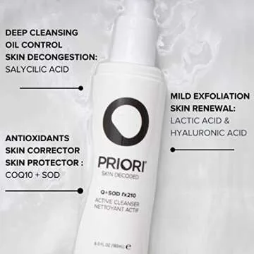 PRIORI Skincare Active Facial Cleanser with CoQ10 for Deep Cleansing Pore Refining Hydrating Antioxidant Face Wash with Lactic and Salicylic Acid Fragrance Free 6 fl oz
