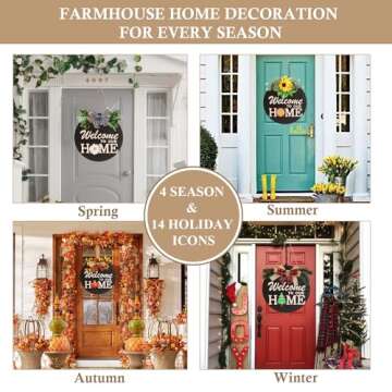 Interchangeable Welcome Sign for Front Door Decoration with 4 Seasonal Wreaths and 14 Holiday Icons,...