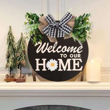 Interchangeable Welcome Sign for Front Door Decoration with 4 Seasonal Wreaths and 14 Holiday Icons, Black Welcome Door Hanger, Rustic Wooden Welcome Front Door Sign Home décor（Black）