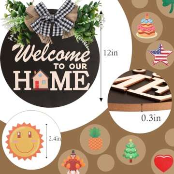 Interchangeable Welcome Sign for Front Door Decoration with 4 Seasonal Wreaths and 14 Holiday Icons, Black Welcome Door Hanger, Rustic Wooden Welcome Front Door Sign Home décor（Black）