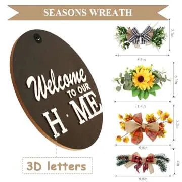 Interchangeable Welcome Sign for Front Door Decoration with 4 Seasonal Wreaths and 14 Holiday Icons, Black Welcome Door Hanger, Rustic Wooden Welcome Front Door Sign Home décor（Black）