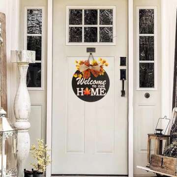 Interchangeable Welcome Sign for Front Door Decoration with 4 Seasonal Wreaths and 14 Holiday Icons, Black Welcome Door Hanger, Rustic Wooden Welcome Front Door Sign Home décor（Black）
