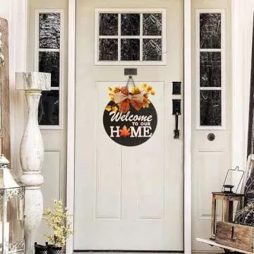 Interchangeable Welcome Sign for Front Door Decoration with 4 Seasonal Wreaths and 14 Holiday Icons, Black Welcome Door Hanger, Rustic Wooden Welcome Front Door Sign Home décor（Black）