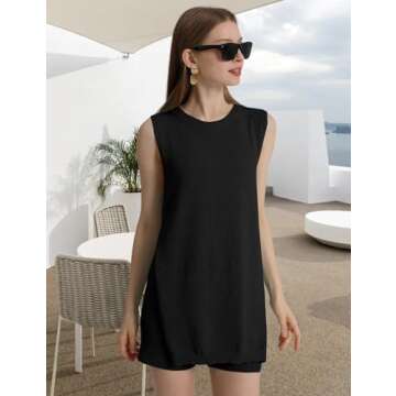 Wyeysyt Women's Summer Sweater Set Sleeveless Tunic Top and Shorts 2 Piece Outfits Beach Vacation Sets Tracksuits(Black-S)
