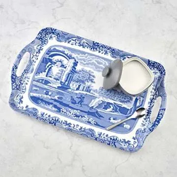 Pimpernel Spode Blue Italian Collection Large Handled Tray | Serving Tray for Lunch, Coffee, or Breakfast | Made of Melamine for Indoor and Outdoor use | Measures 18.9" x 11.6" | Dishwasher Safe
