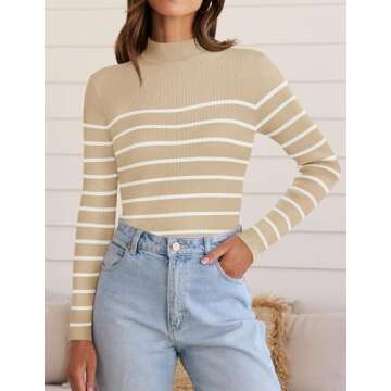 ZESICA Women's Mock Neck Sweaters Business Casual Long Sleeve Striped Ribbed Knit Tops Apricot S
