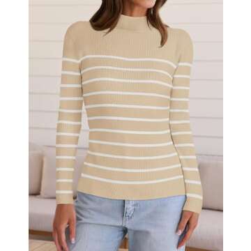 ZESICA Women's Mock Neck Sweaters Business Casual Long Sleeve Striped Ribbed Knit Tops Apricot S