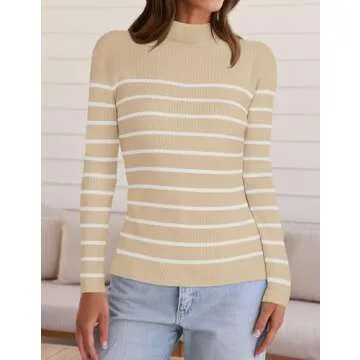 ZESICA Women's Mock Neck Sweaters Business Casual Long Sleeve Striped Ribbed Knit Tops Apricot S