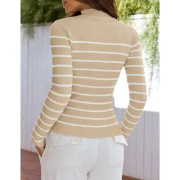 ZESICA Women's Mock Neck Sweaters Business Casual Long Sleeve Striped Ribbed Knit Tops Apricot S