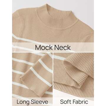 ZESICA Women's Mock Neck Sweaters Business Casual Long Sleeve Striped Ribbed Knit Tops Apricot S