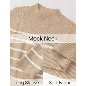 ZESICA Women's Mock Neck Sweaters Business Casual Long Sleeve Striped Ribbed Knit Tops Apricot S