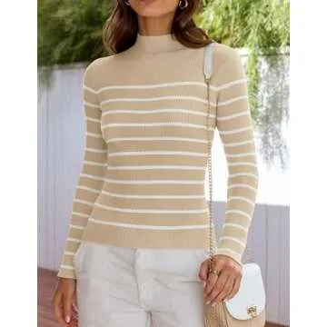 ZESICA Women's Mock Neck Sweaters Business Casual Long Sleeve Striped Ribbed Knit Tops Apricot S