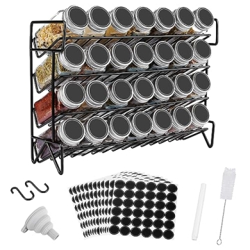 Vtopmart 4-Tier Spice Rack Organizer with 28 Empty Glass Jars and 432 Labels, Rust Resistant Iron, Black, Countertop, Cabinet, Kitchen, Pantry, Cupboard