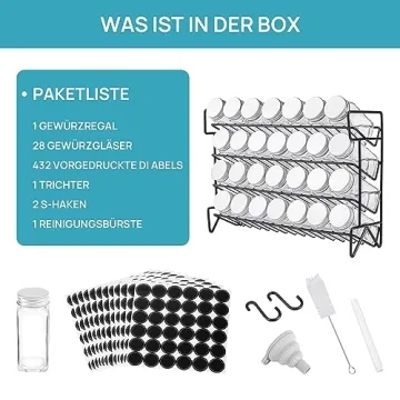 Vtopmart 4-Tier Spice Rack Organizer with 28 Empty Glass Jars and 432 Labels, Rust Resistant Iron, Black, Countertop, Cabinet, Kitchen, Pantry, Cupboard