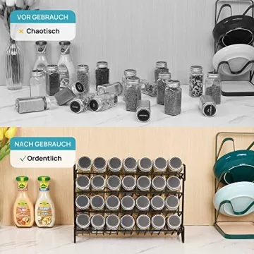 Vtopmart 4-Tier Spice Rack Organizer with 28 Empty Glass Jars and 432 Labels, Rust Resistant Iron, Black, Countertop, Cabinet, Kitchen, Pantry, Cupboard